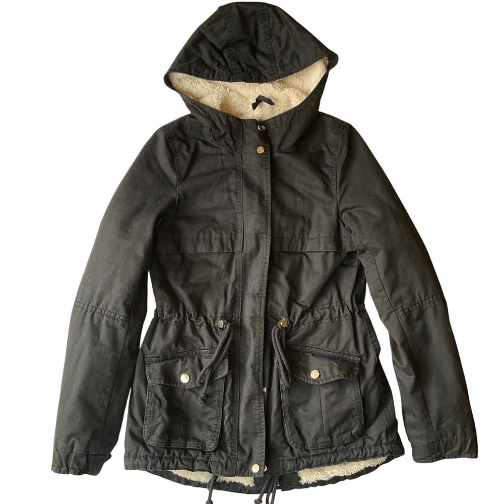 H&M Divided Women Parka Coat size 0 US Faux Fur Lining Full Zip Hooded Black